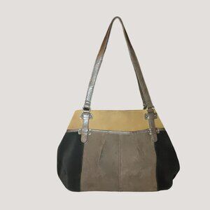 Tignanello Leather Suede Tan Black Brown Suede Shoulder Bag Silver Dual Pockets